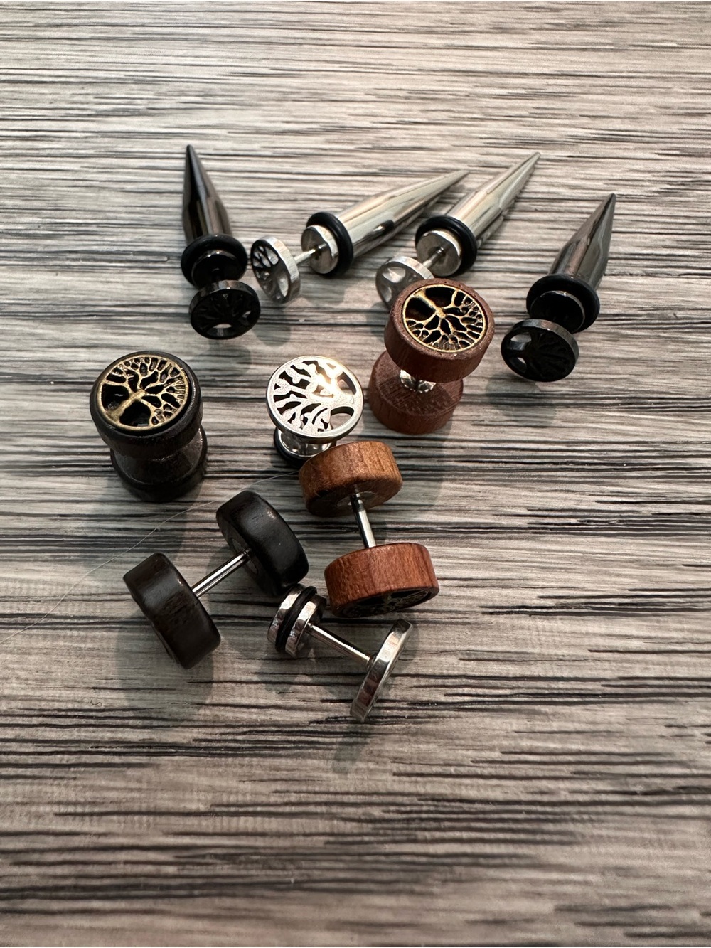 Wood and Stainless Steel Tree of Life body piercings - Brown & Black